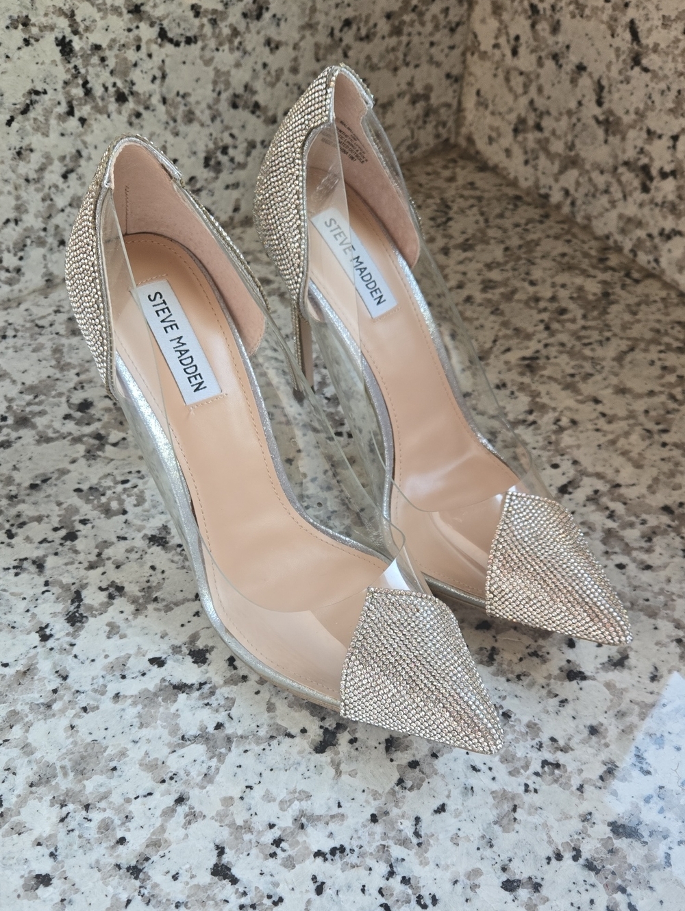 Steve Madden Malibu Silver Crystal Pointed-Toe Clear-Sided Pumps